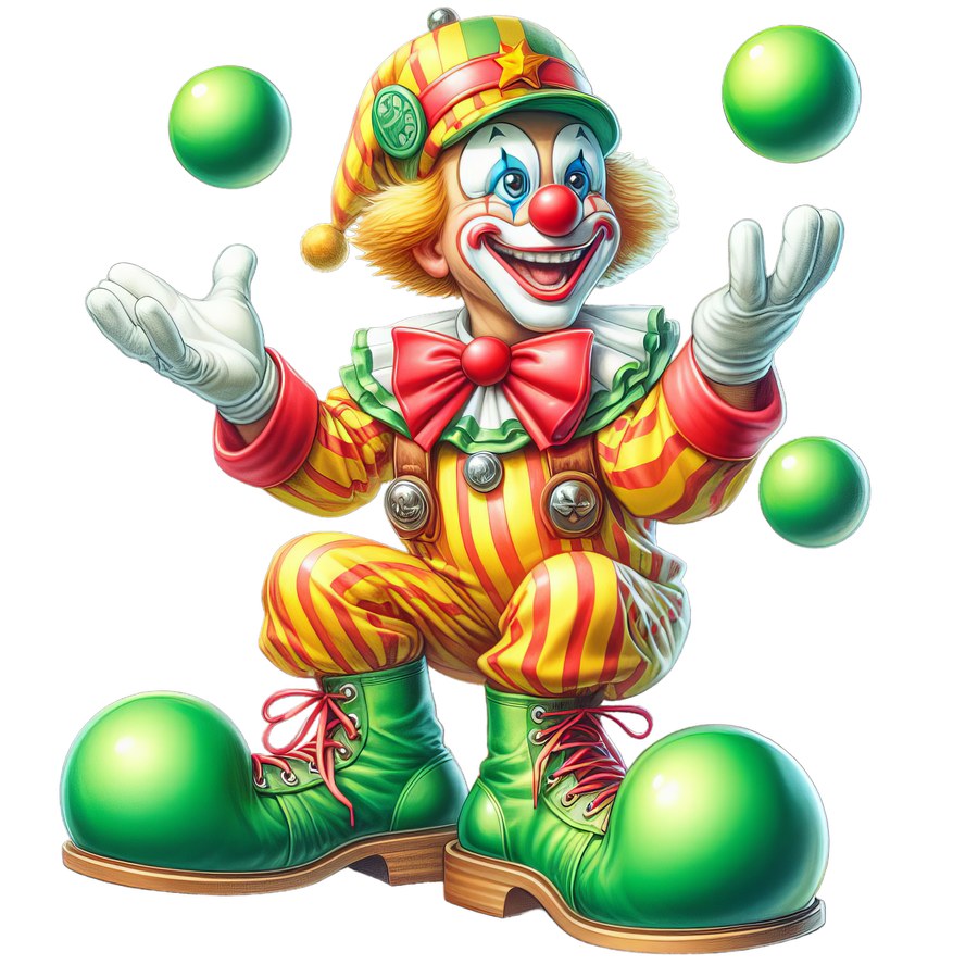 Клоун-жонглёр в полосатом костюме с зелёными мячами