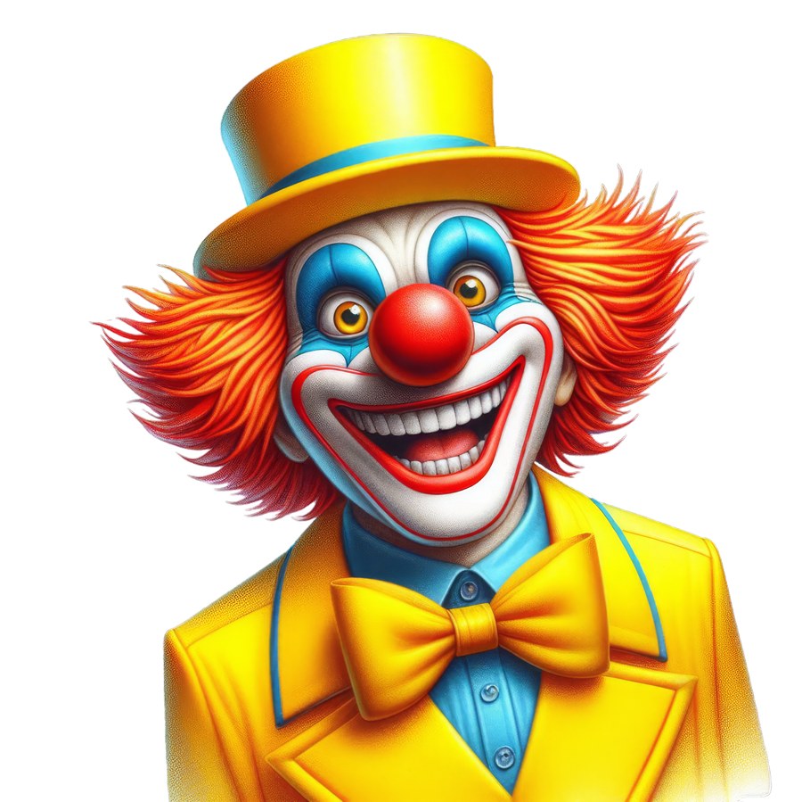 Весёлый клоун в жёлтом костюме и шляпе с рыжими волосами