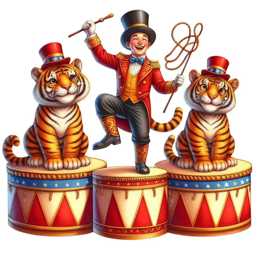 Дрессировщик в красном фраке с двумя тиграми на арене