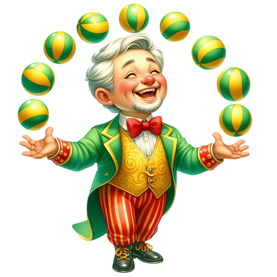 Пожилой жонглёр в зелёном костюме подбрасывает разноцветные мячи
