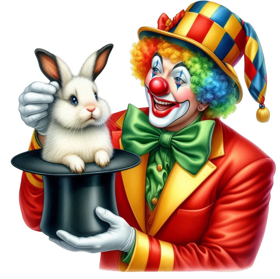 Клоун-фокусник достаёт белого кролика из чёрного цилиндра