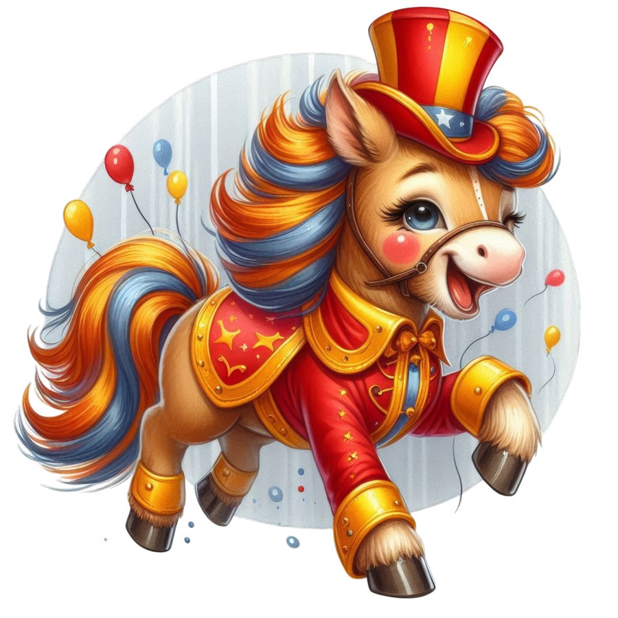 Цирковой пони в красном костюме и цилиндре