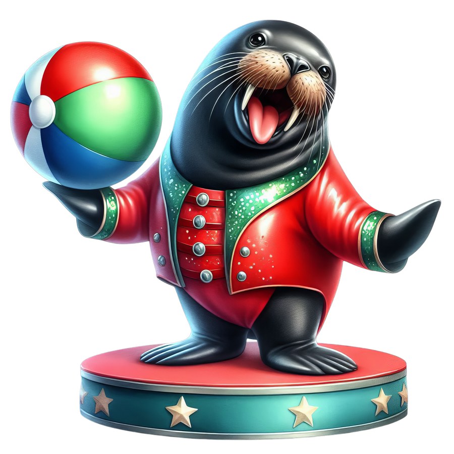 Цирковой морж в красном костюме играет с полосатым мячом