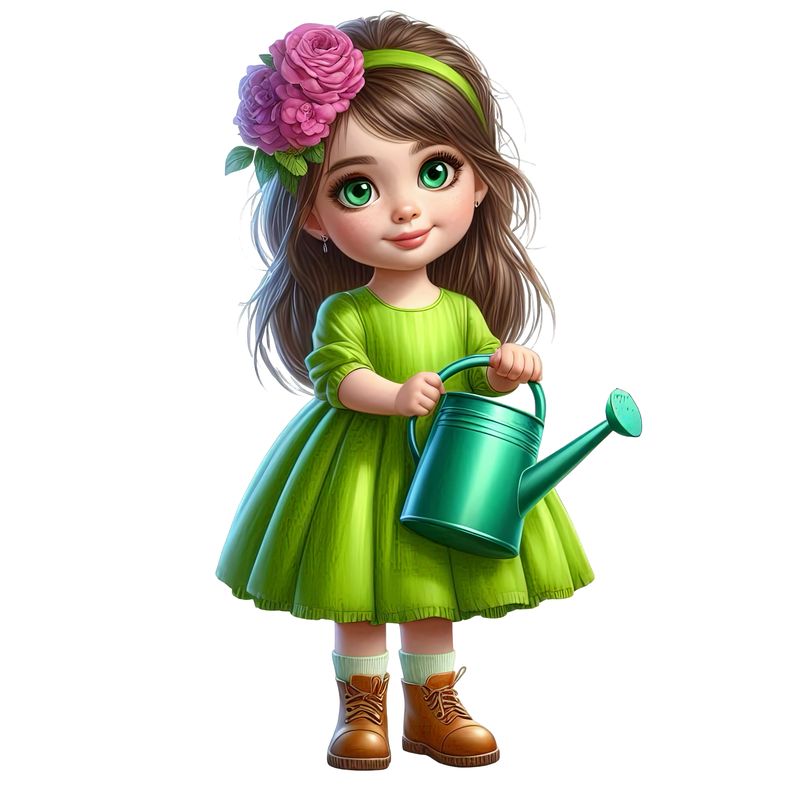 Девочка с лейкой ухаживает за растениями