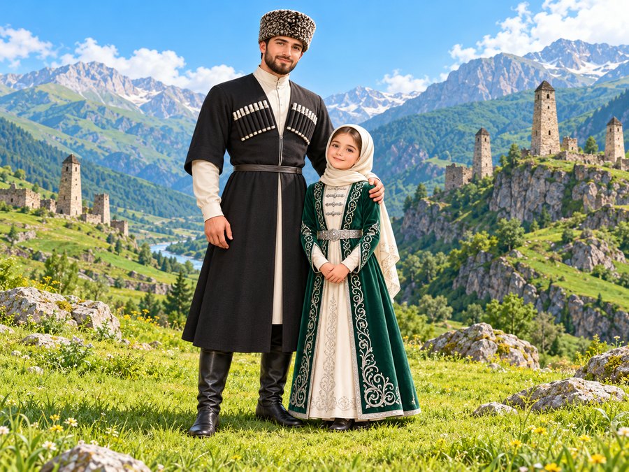 Отец и дочь в чеченских костюмах у башен