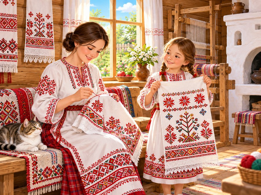 Чувашская вышивка: мама и дочка с полотенцем