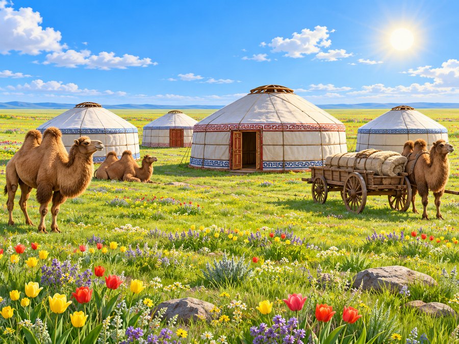 Калмыцкие кибитки в весенней степи