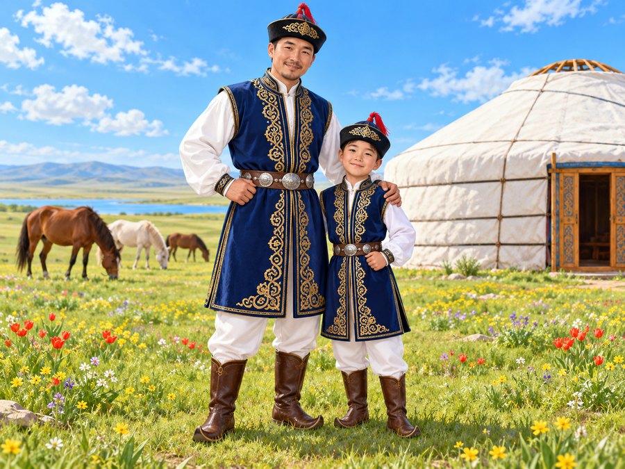 Папа и сын в калмыцких костюмах