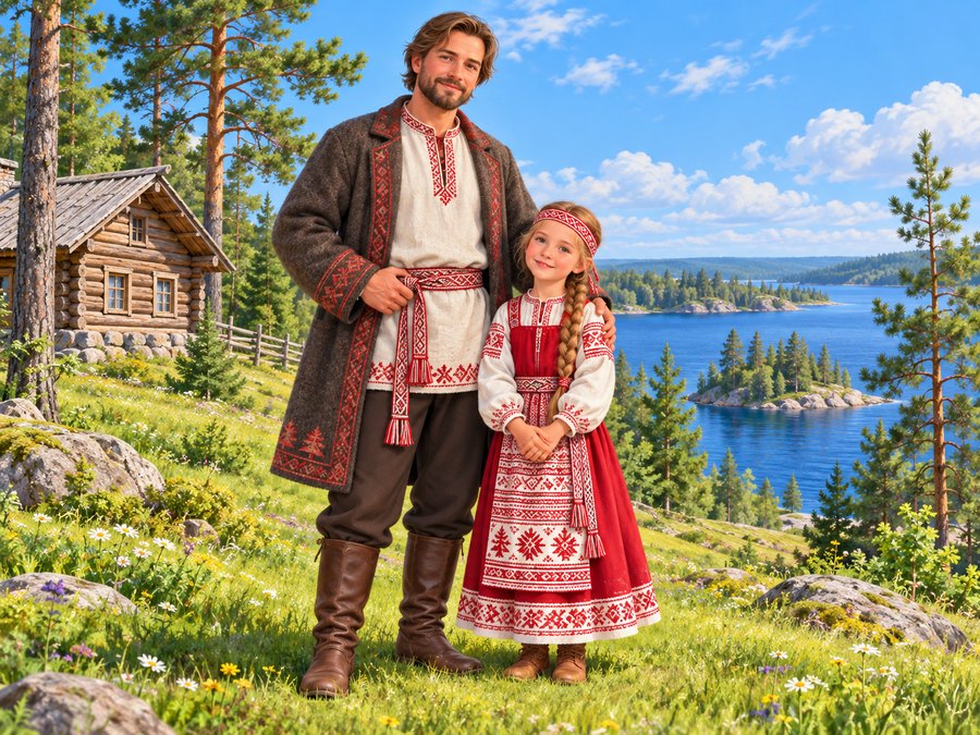 Отец и дочь в карельских костюмах