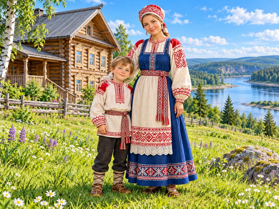 Мама и сын в костюмах коми