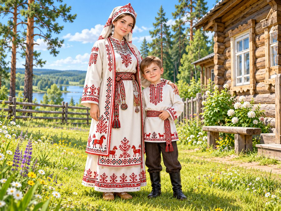 Мама и сын в марийских костюмах