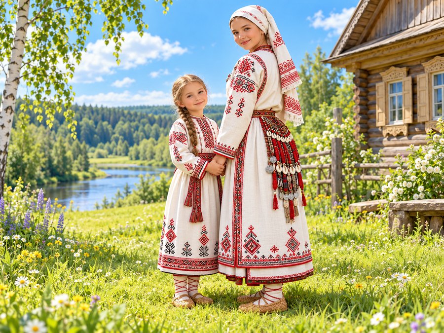 Мама и дочка в эрзянских костюмах