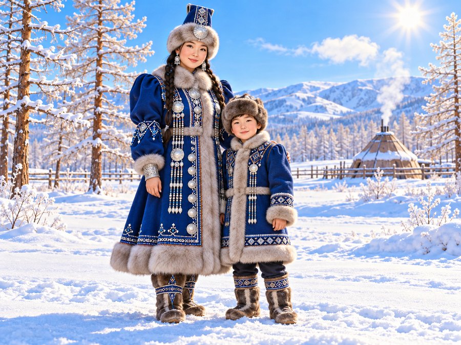 Мама и сын в якутских зимних костюмах