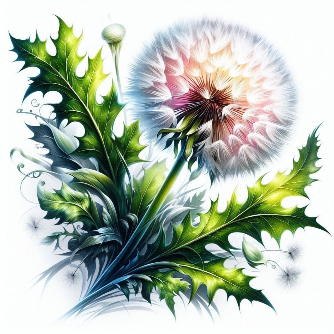 Белый одуванчик с парашютиками крупным планом