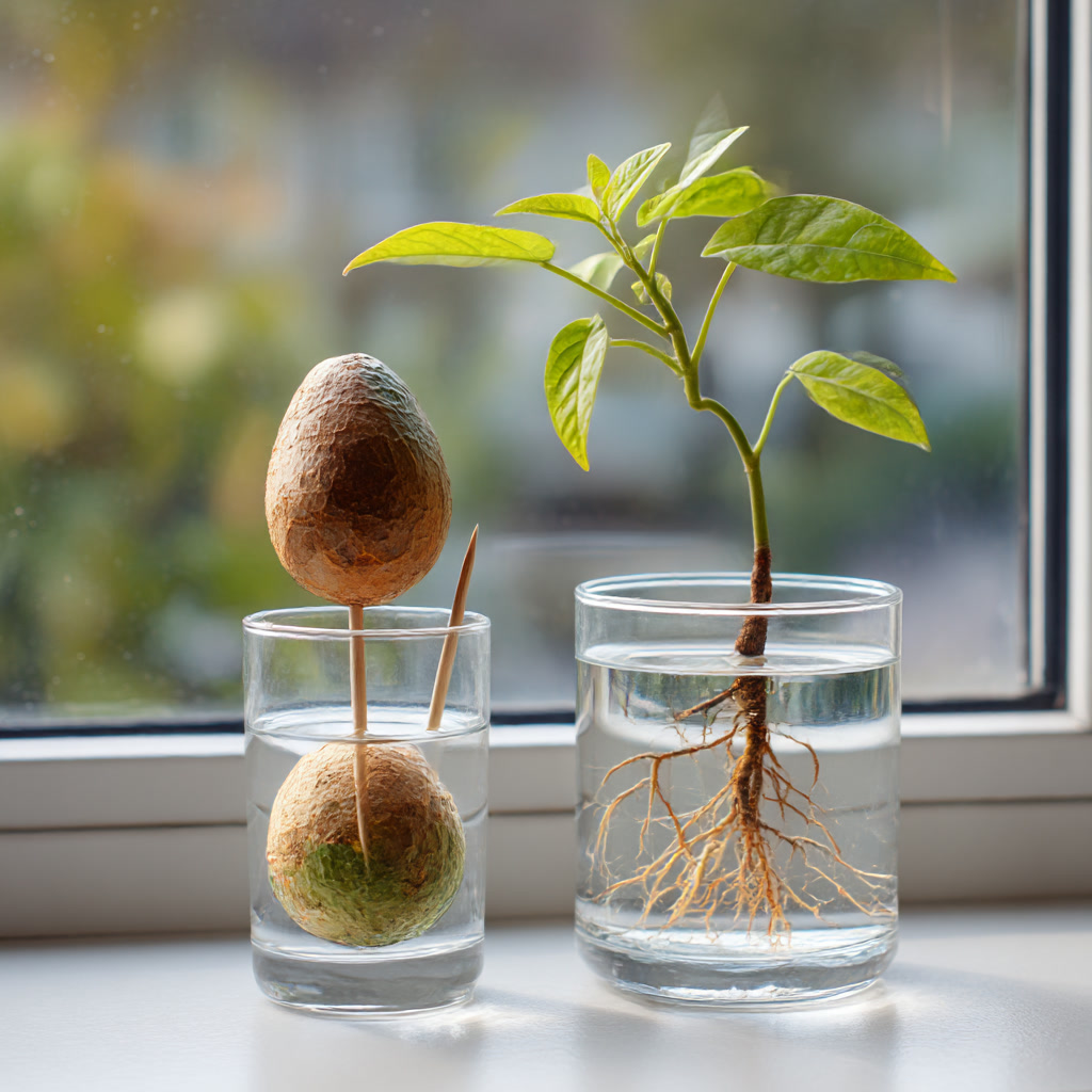 Авокадо на зубочистках в стакане с водой