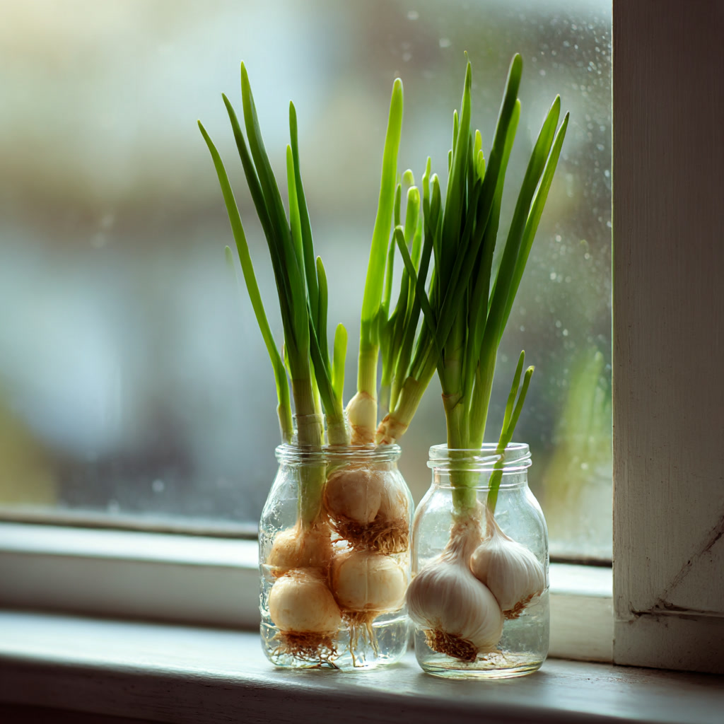 Лук в стеклянных банках на подоконнике