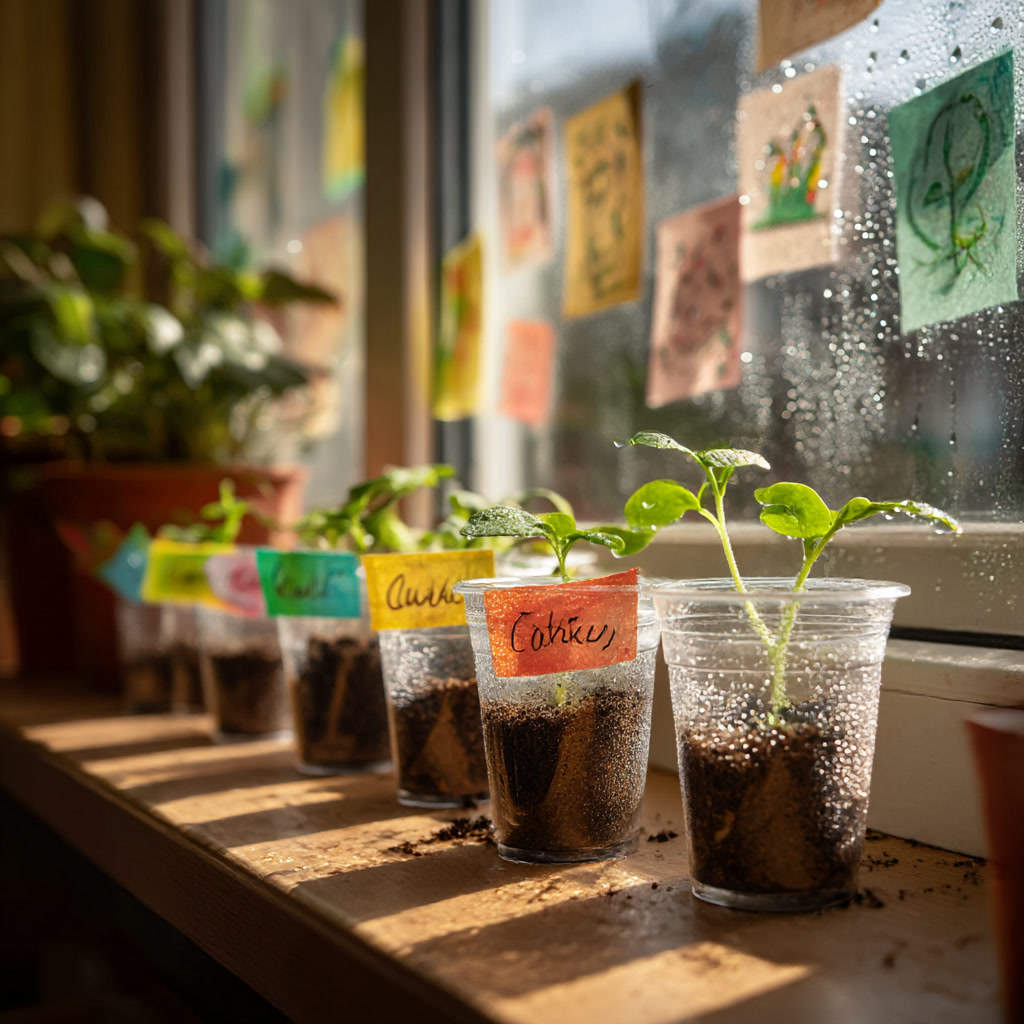 Рассада в пластиковых стаканчиках на подоконнике