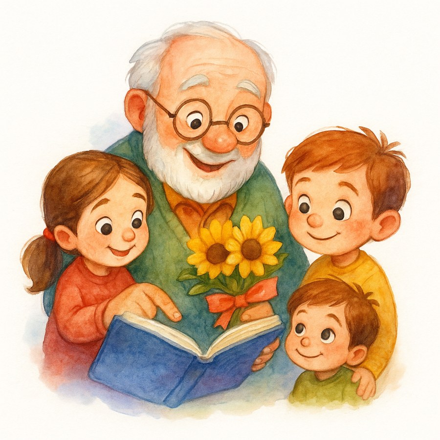 Дедушка читает внукам книгу
