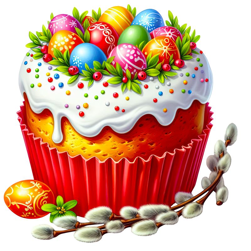 Пасхальный кулич с яйцами и цветами