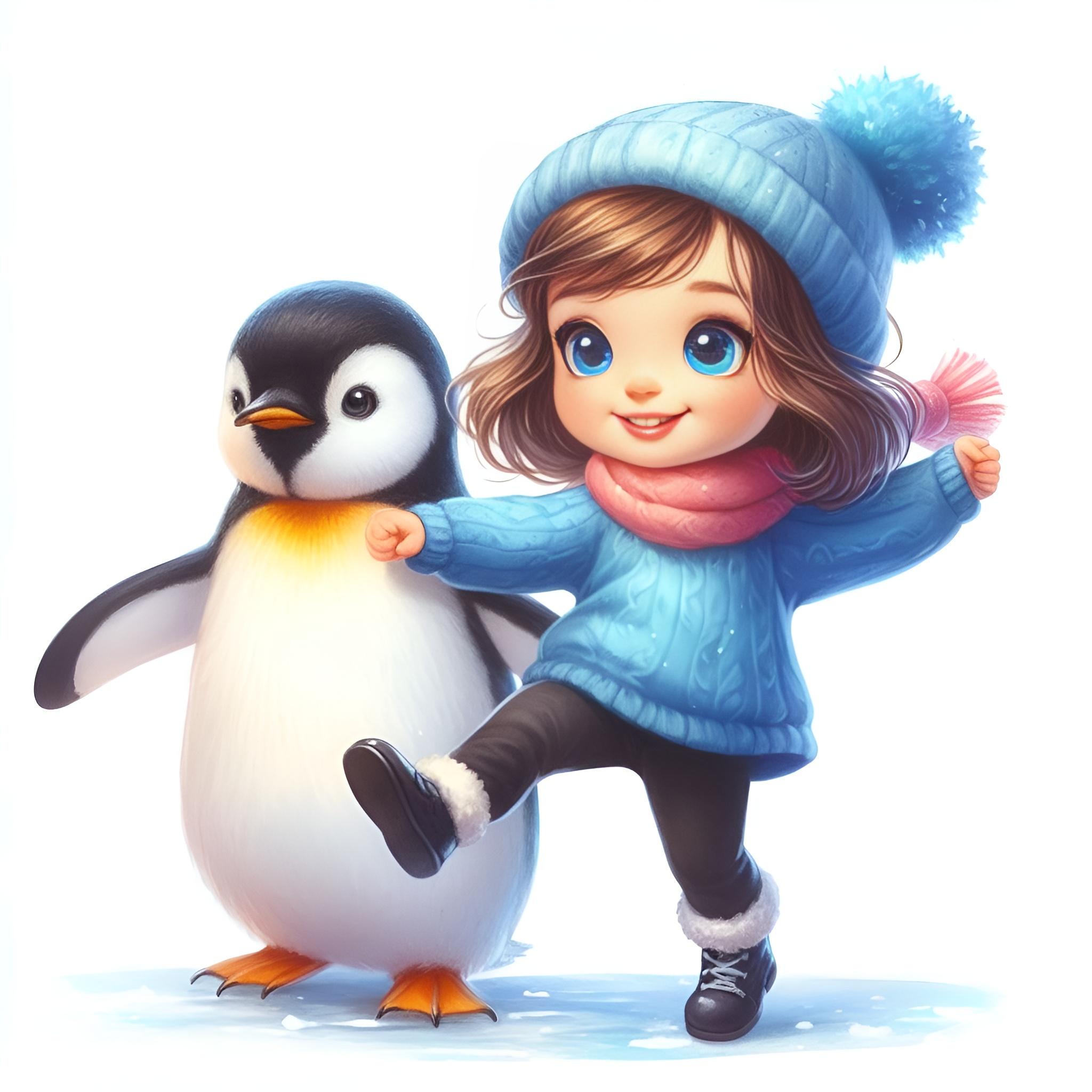Девочка танцует с пингвином - весёлая иллюстрация