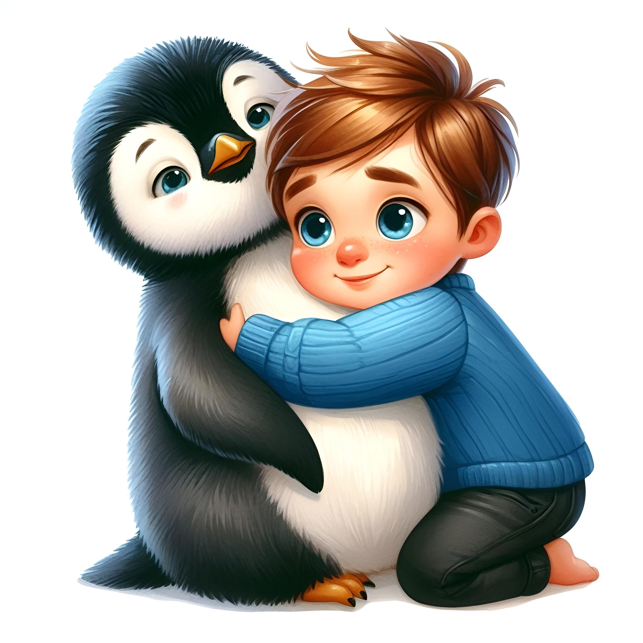 Мальчик обнимает большого пингвина - детская иллюстрация