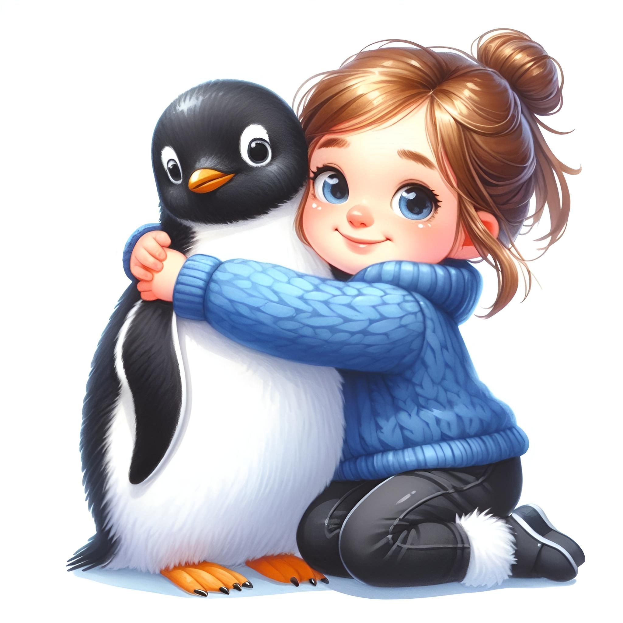 Девочка обнимает пингвина - иллюстрация для детей