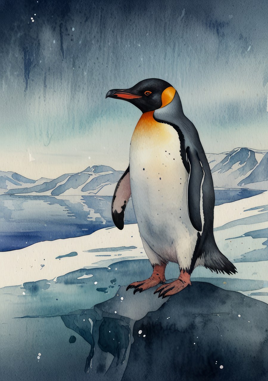 Императорский пингвин на льдине в Антарктиде, акварель