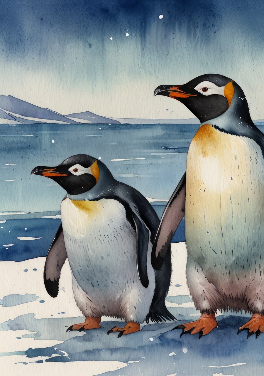 Два королевских пингвина на берегу океана, акварельный рисунок