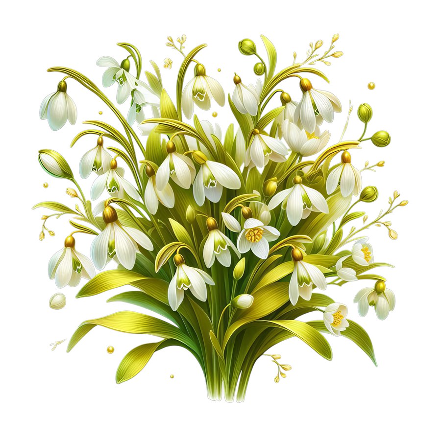 Букет подснежников — белые цветы с зелёными сердечками