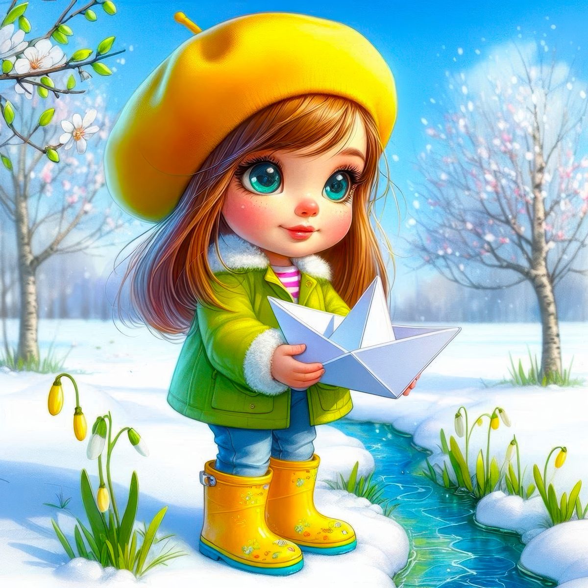 Девочка в лодке с подснежниками