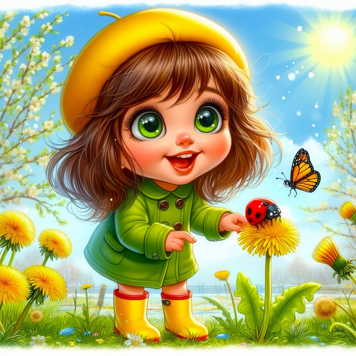 Девочка с бабочкой на весенней поляне