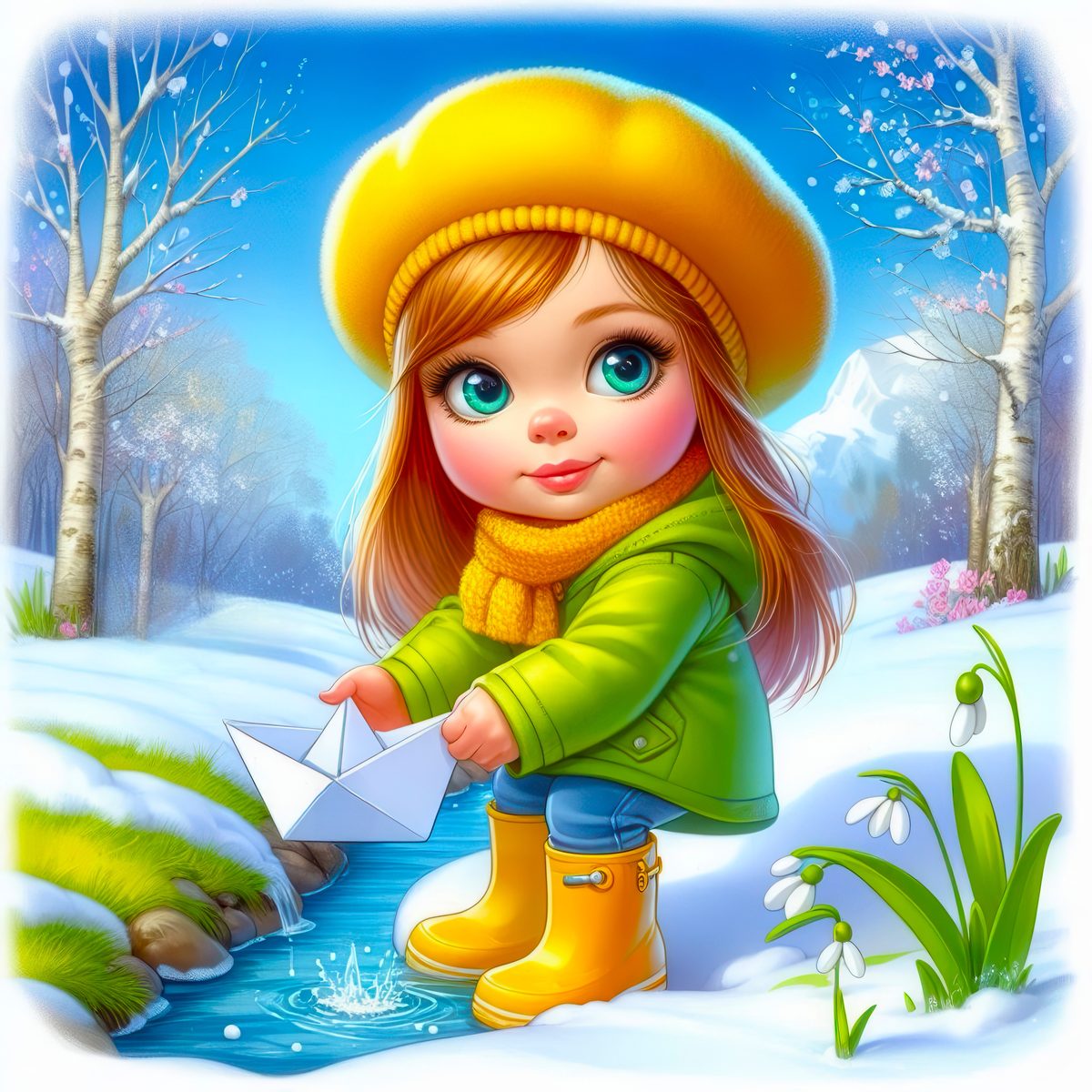 Девочка у весеннего ручья с подснежниками