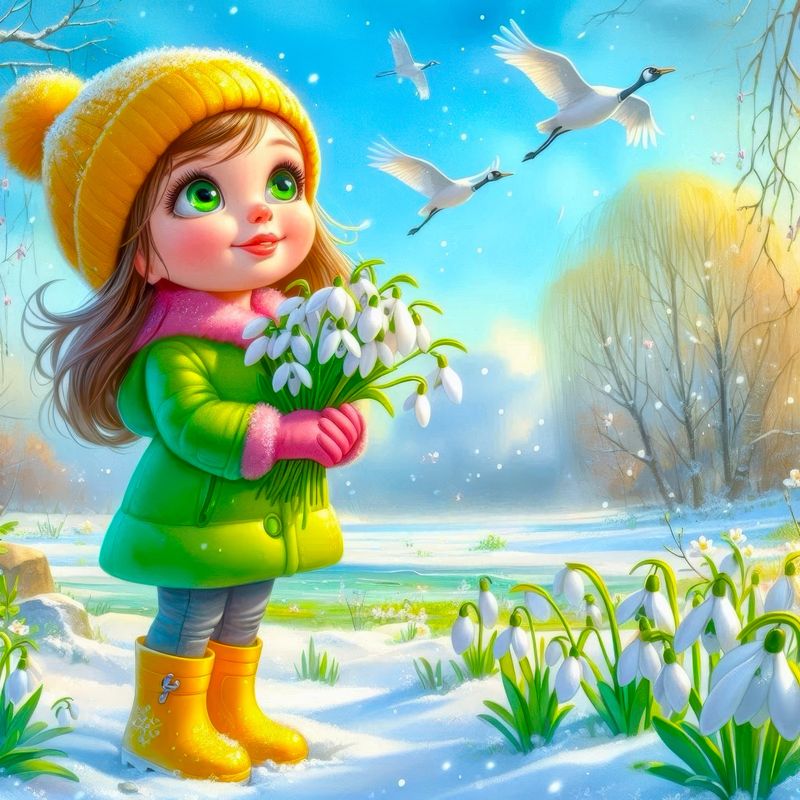 Весна — девочка с подснежниками и журавли