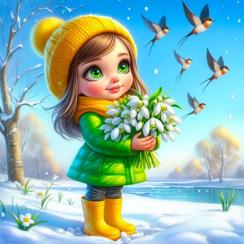 Весенний пейзаж с птицами и цветущими деревьями