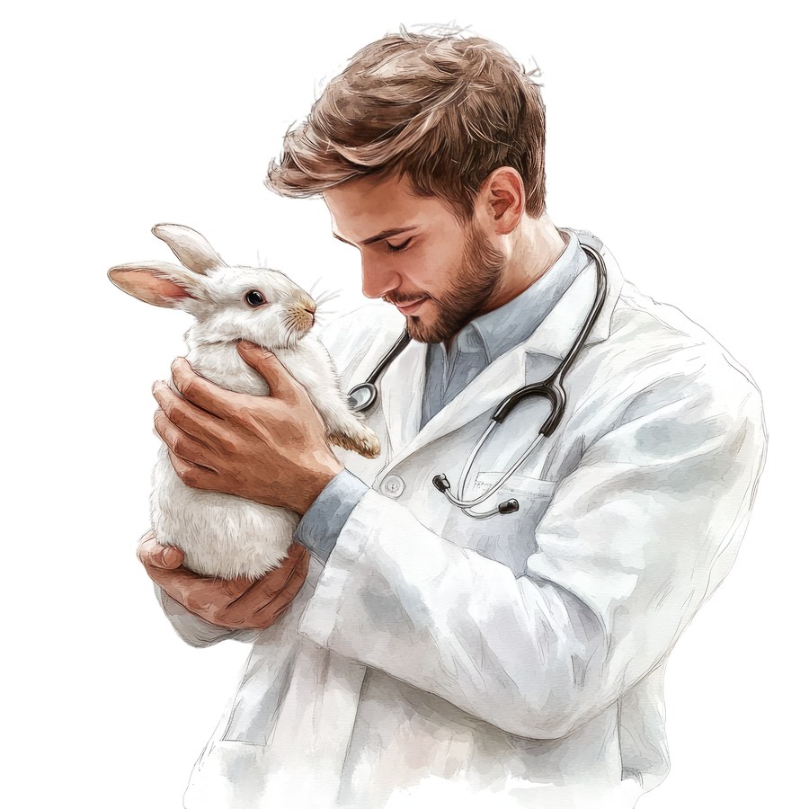 Ветеринар держит на руках белого кролика