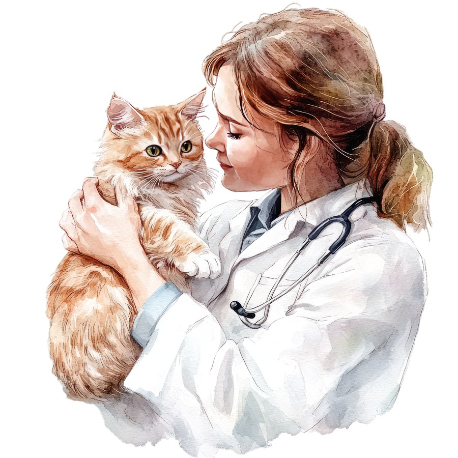Девушка-ветеринар обнимает рыжего кота