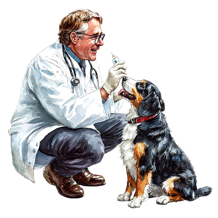 Пожилой ветеринар осматривает большую собаку