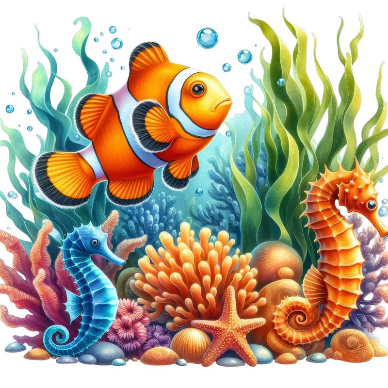 Тропические рыбы и морские коньки среди кораллов