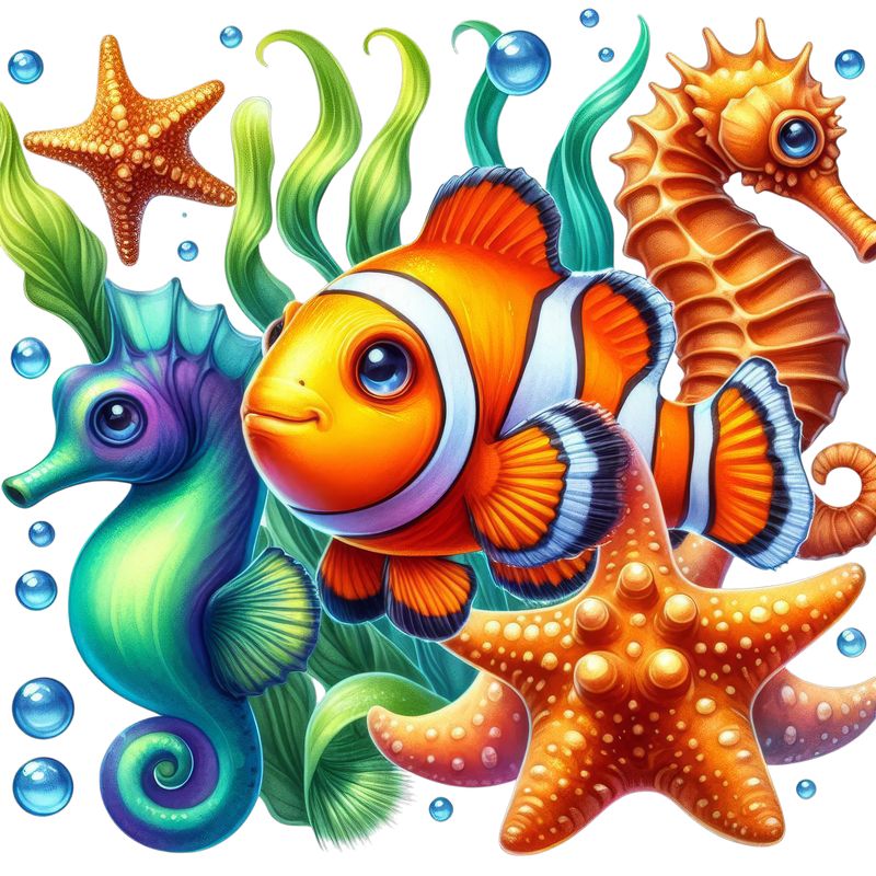 Морские животные — рыбки, морские коньки, морские звёзды
