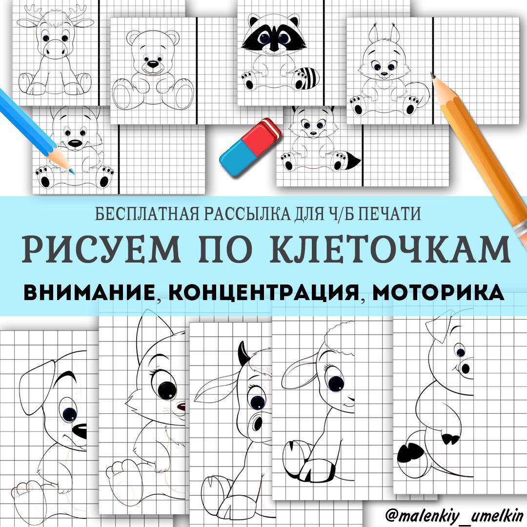 РИСОВАЛКИ ПО КЛЕТКАМ — внимание, графомоторика, рабочие листы — для детского сада — Играй и Развивайся