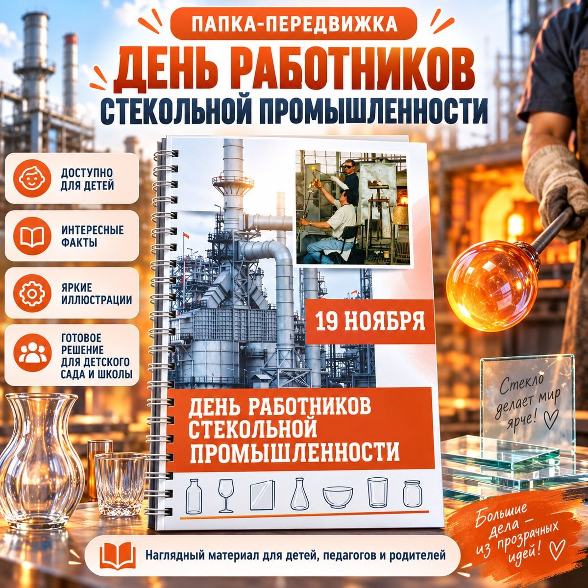 ПАПКА ПЕРЕДВИЖКА ДЕНЬ РАБОТНИКОВ СТЕКОЛЬНОЙ ПРОМЫШЛЕННОСТИ — папка передвижка, профессии, 5-7 лет — для детского сада — Иг...