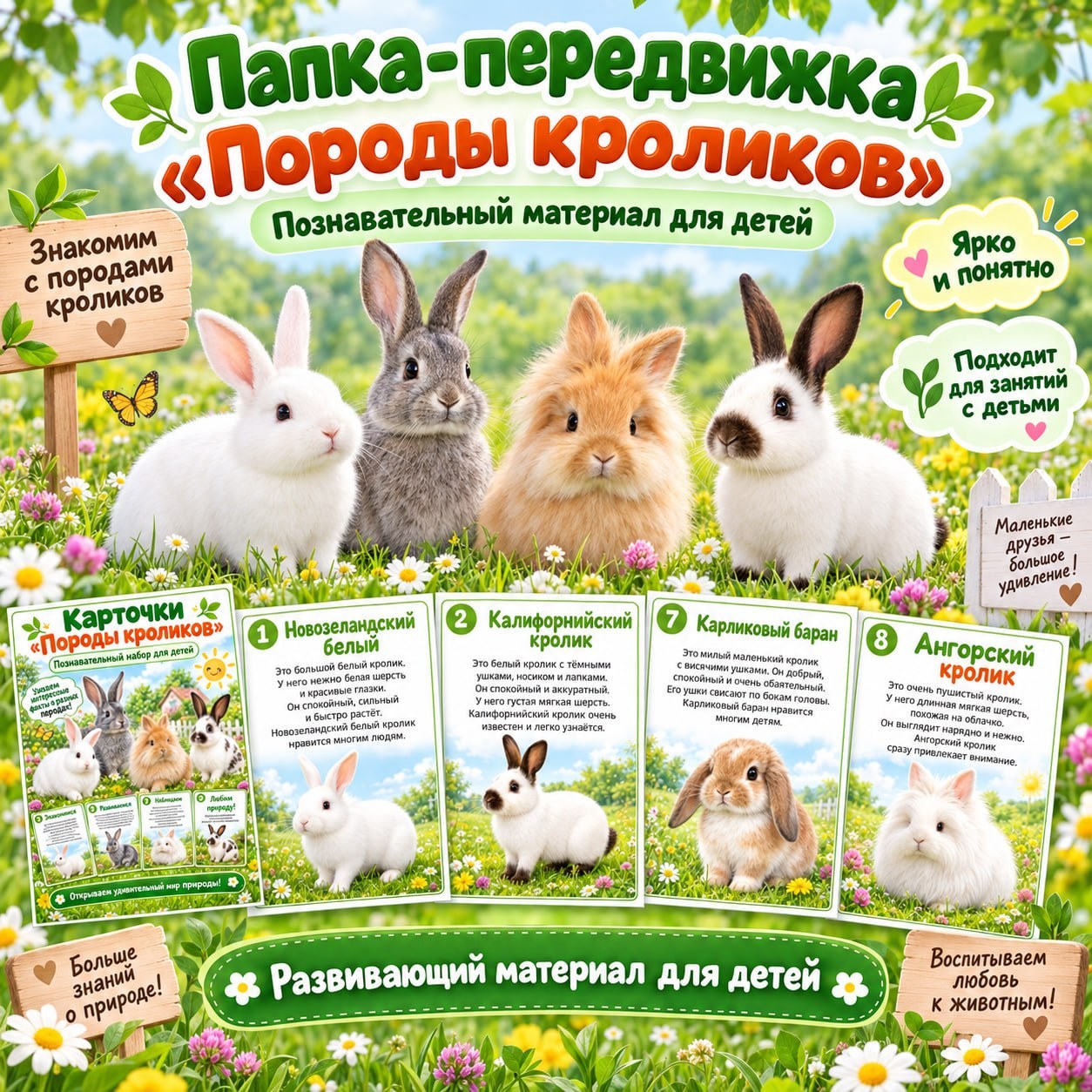 ПАПКА ПЕРЕДВИЖКА ПОРОДЫ КРОЛИКОВ — животные, кролики, карточки — для детского сада — Играй и Развивайся