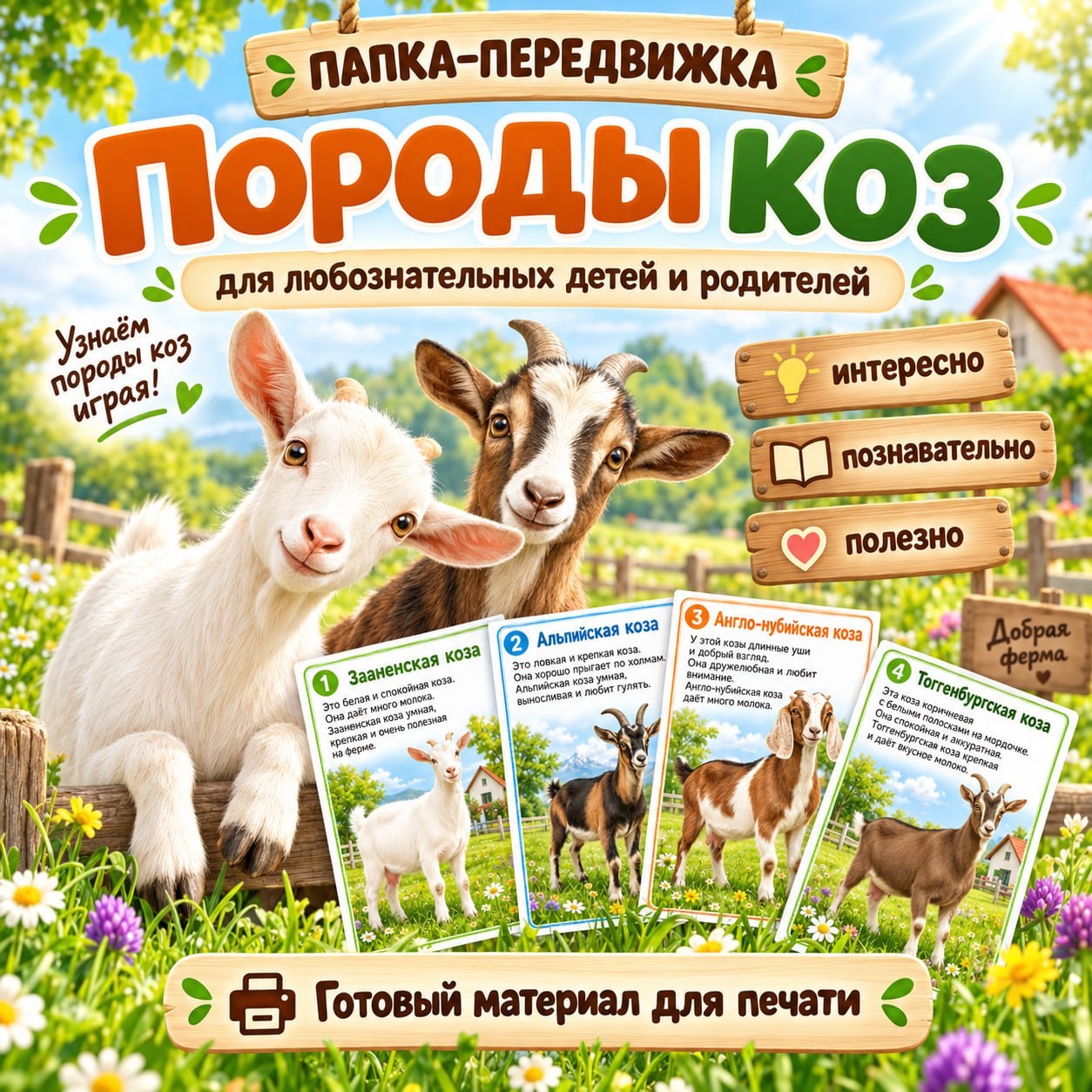 ПАПКА ПЕРЕДВИЖКА ПОРОДЫ КОЗ — животные, козы, карточки — для детского сада — Играй и Развивайся