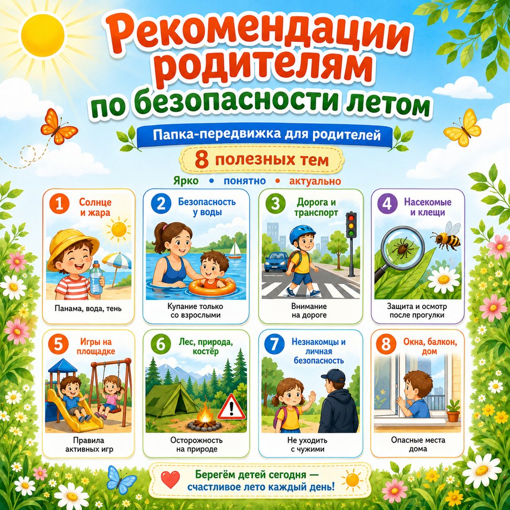 ПАПКА ПЕРЕДВИЖКА РЕКОМЕНДАЦИИ РОДИТЕЛЯМ ПО БЕЗОПАСНОСТИ ЛЕТОМ — безопасность, лето, родителям — для детского сада — Играй ...