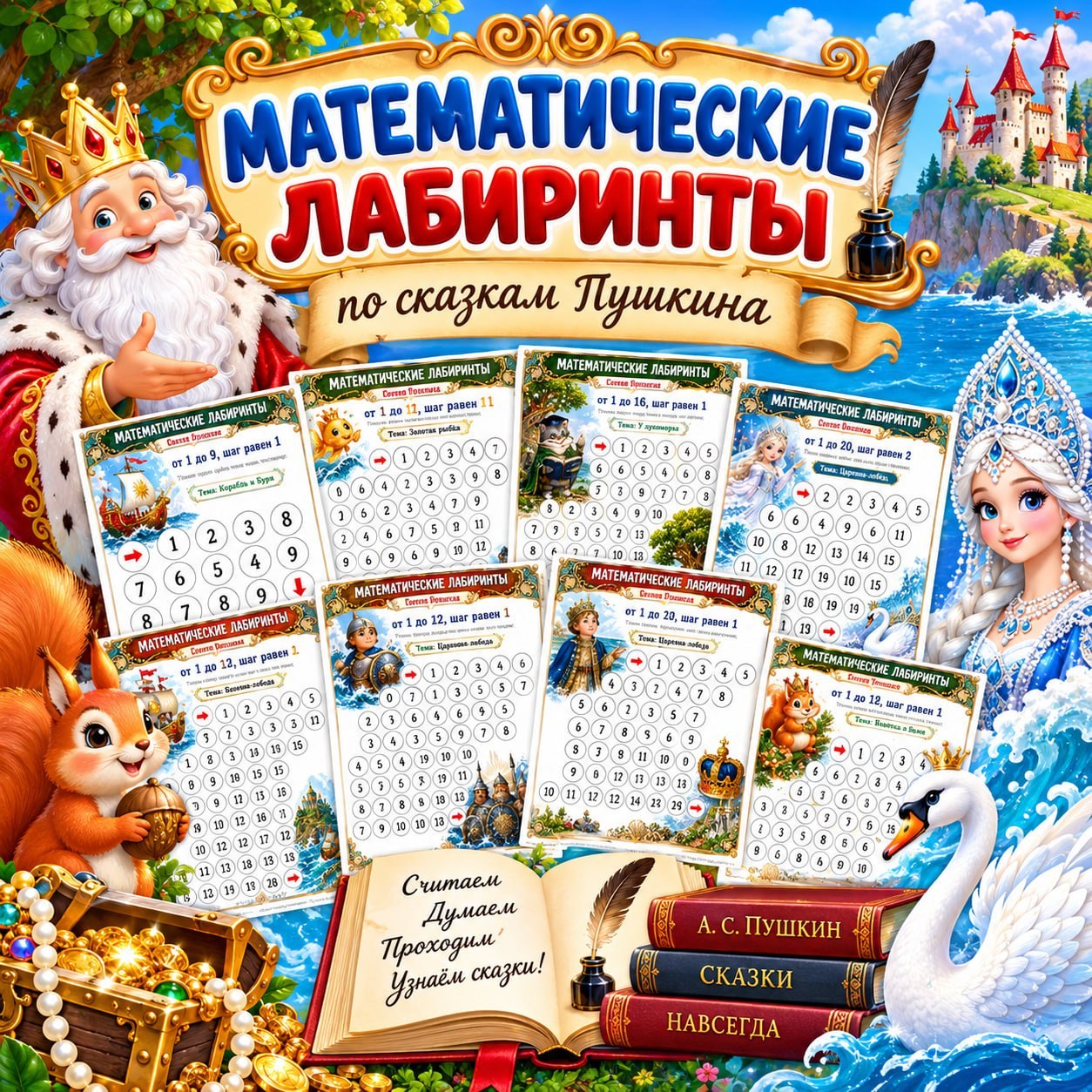 МАТЕМАТИЧЕСКИЕ ЛАБИРИНТЫ ПО СКАЗКАМ ПУШКИНА — математика, лабиринты, сказки — для детского сада — Играй и Развивайся