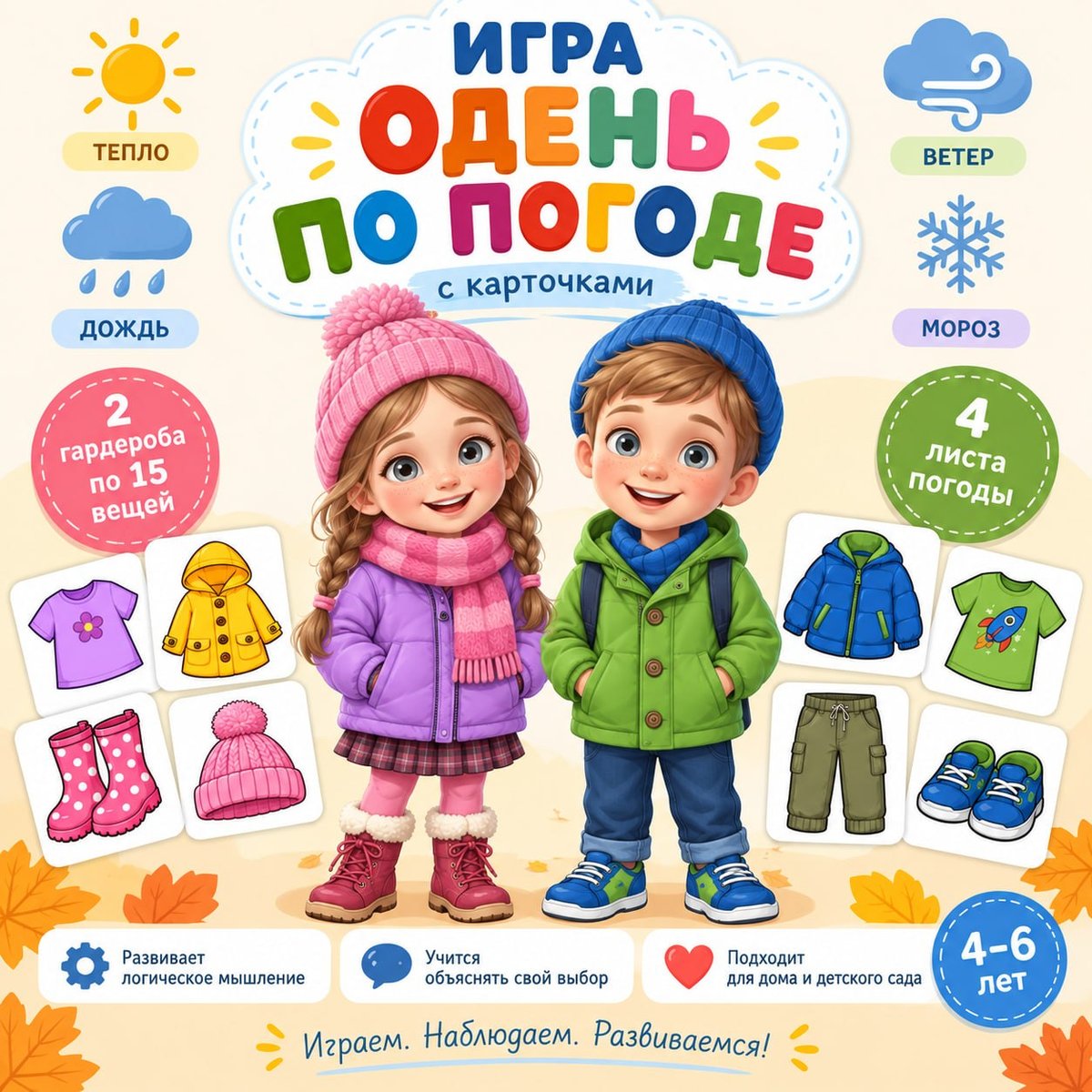 ИГРА С КАРТОЧКАМИ ОДЕНЬ ПО ПОГОДЕ — игра, карточки, одежда — скачать для детского сада