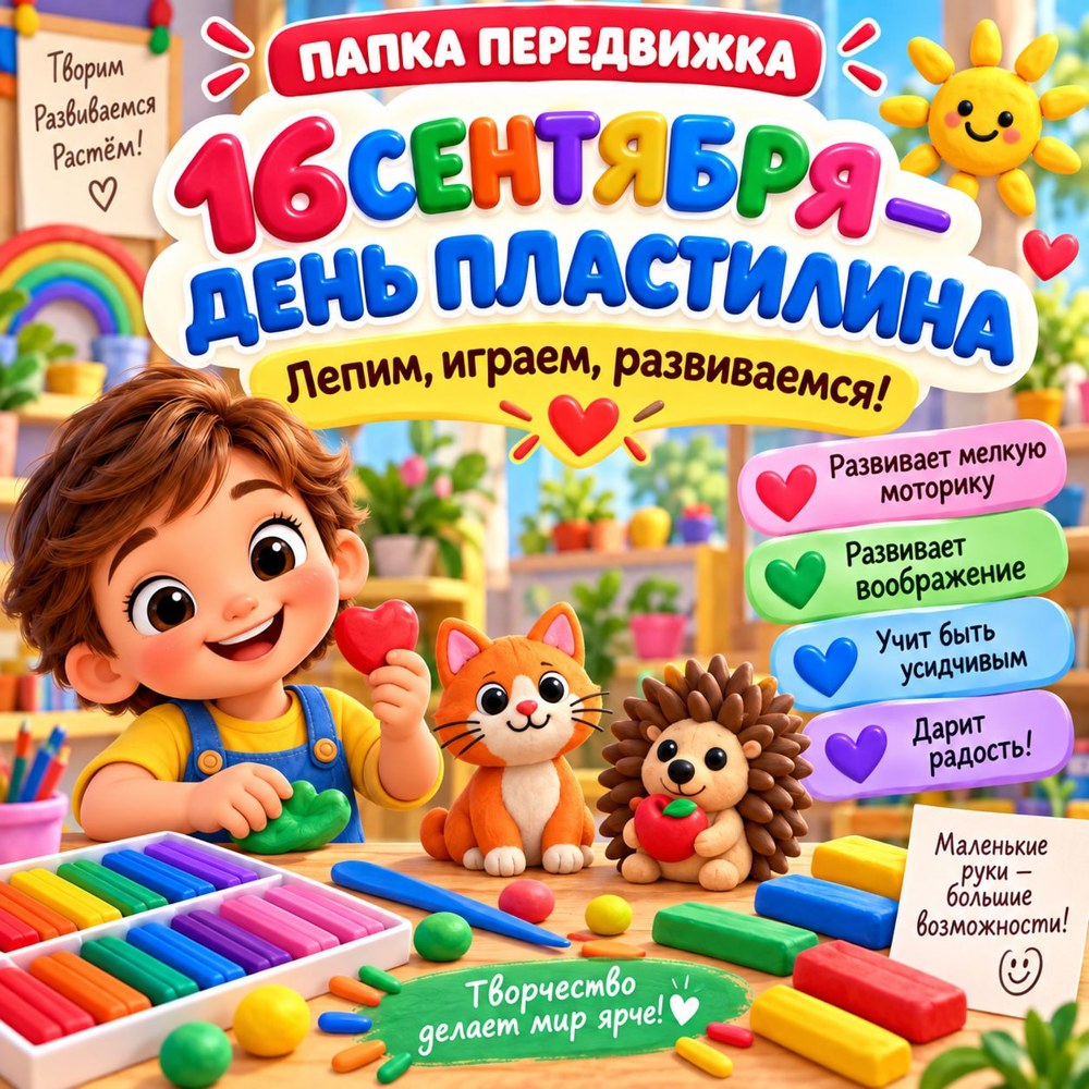 ПАПКА ПЕРЕДВИЖКА ДЕНЬ ПЛАСТИЛИНА — праздники, папка передвижка — для детского сада — Играй и Развивайся