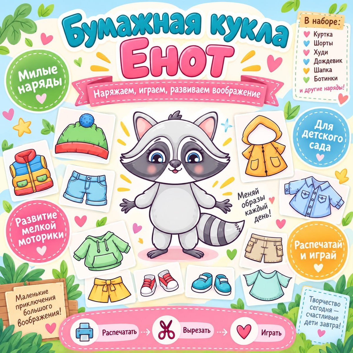 БУМАЖНАЯ КУКЛА ЕНОТ — бумажная кукла, одежда, мелкая моторика — для детского сада — Играй и Развивайся