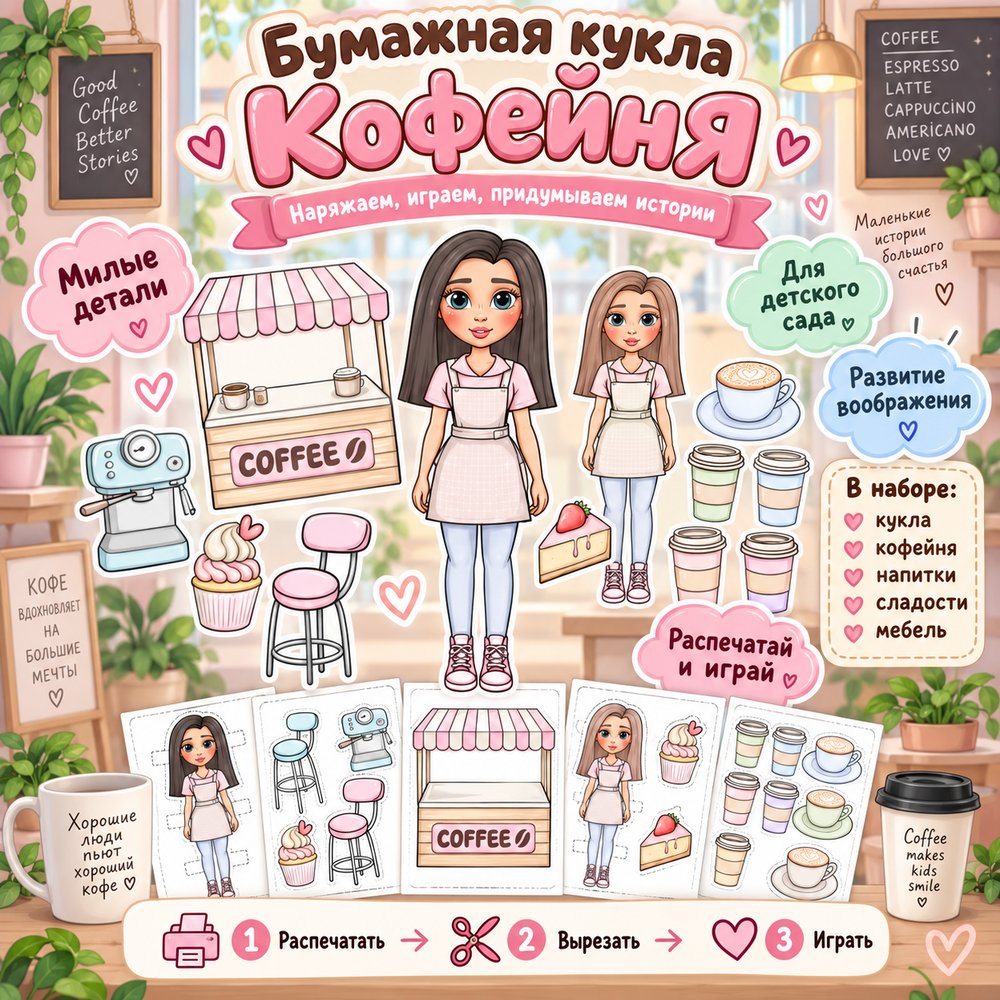 БУМАЖНЫЕ КУКЛЫ КОФЕЙНЯ — бумажные куклы, сюжетно-ролевая игра, профессии — скачать для детского сада