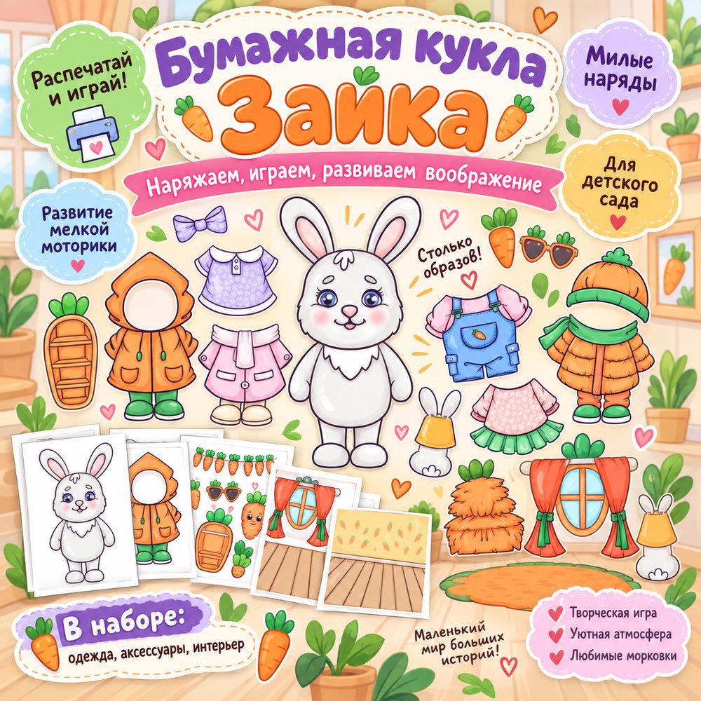 БУМАЖНАЯ КУКЛА ЗАЙКА — бумажные куклы, одежда, мелкая моторика — для детского сада — Играй и Развивайся